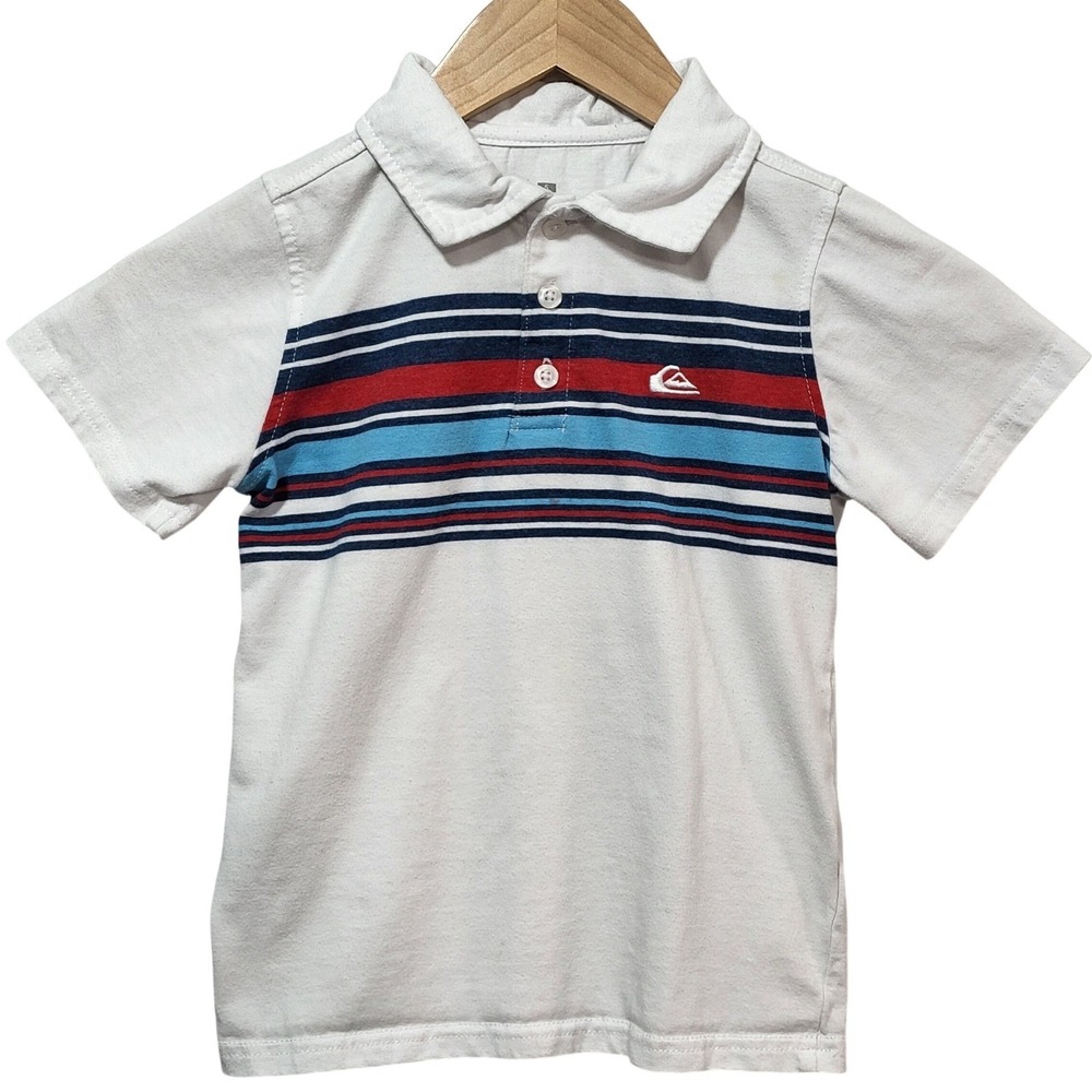 Quiksilver Boys Size 5 White Striped Short Sleeve Polo Shirt 2740543026-99-PC‎ *